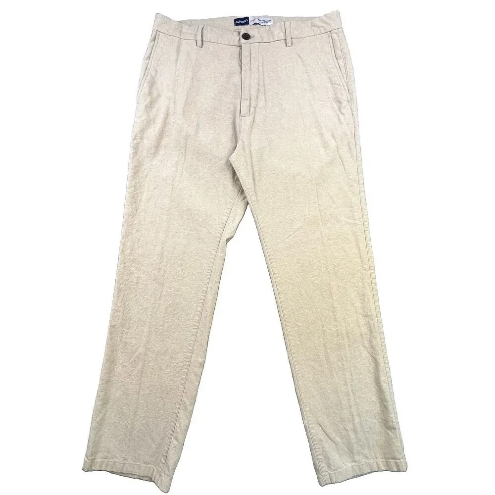 Old Navy 90's Straight Pants Men's 36x32 Sand Beige Linen Blend Khaki Beach
